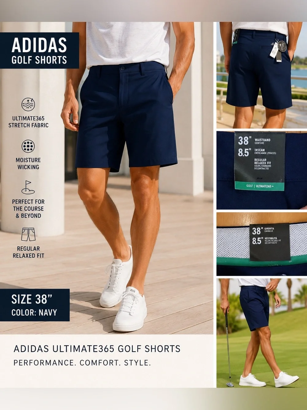 Adidas Ultimate365 Golf Shorts Navy 38 x 8.5” NWT Stretch Performance